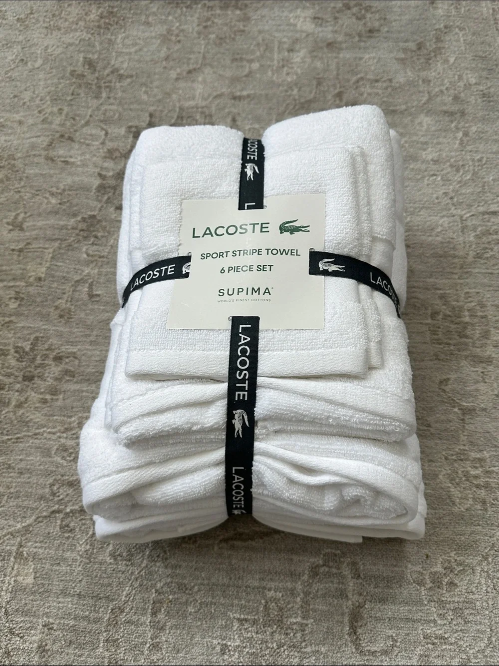 Lacoste Home Heritage Sport Stripe Logo White Cotton 6-Pc. Bath Towel Set NWT’s.
